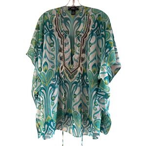 Midnight Velvet Women's Beaded Caftan Top Cover Up Sheer Boho One Size Teal Blue